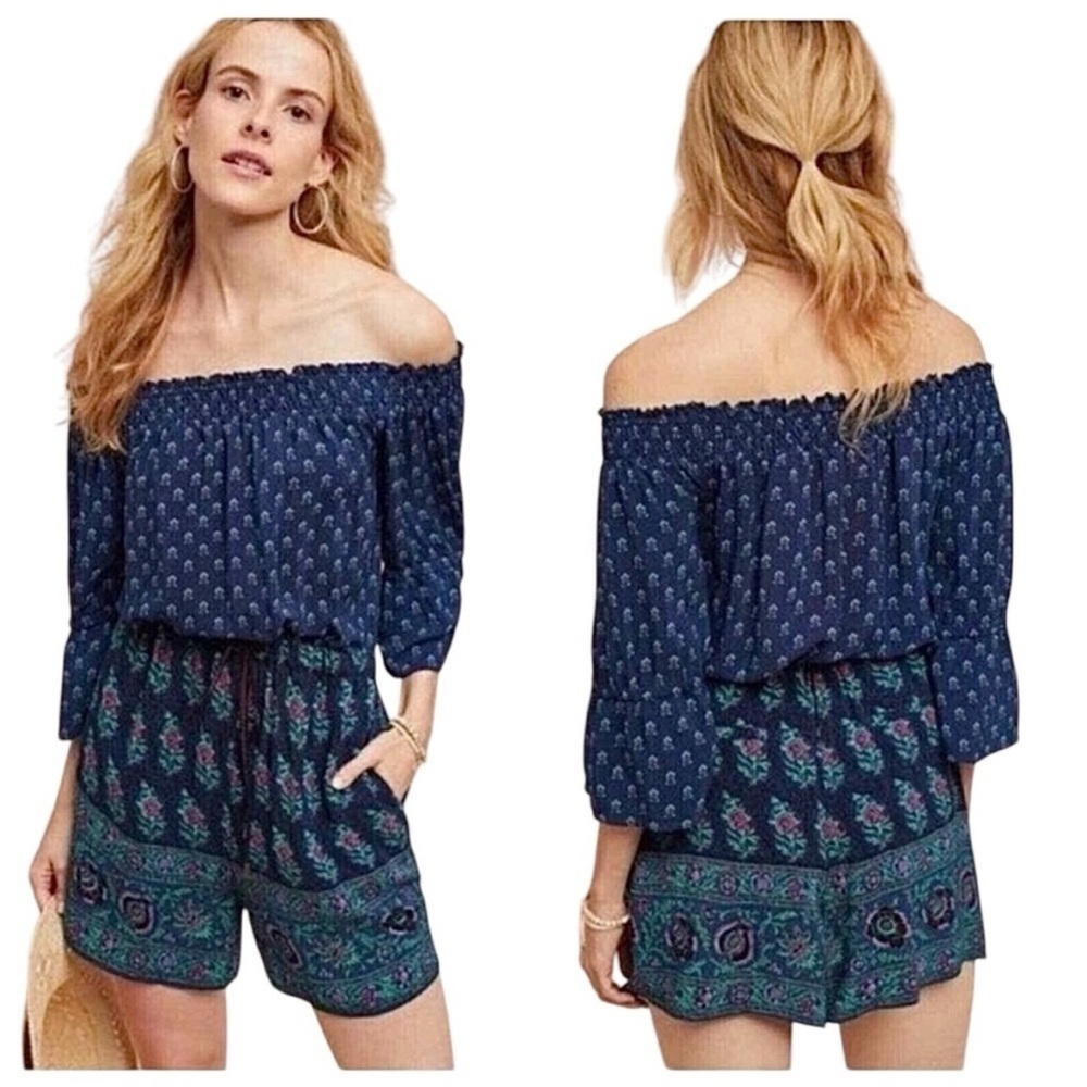 Anthropologie Ett:Twa Kaleo Blue Pink Floral Off Shoulder Romper Size Small